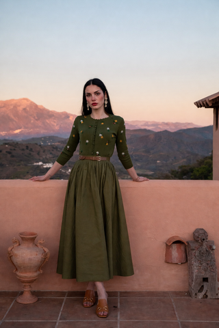 altimge1 Noir Green Pleated 36" Skirt With Attached Brown Leather Belt at Dress Code itsdresscode
