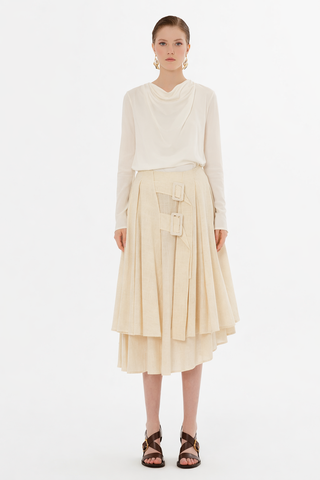 Gizia Natural Beige Layered 32" Skirt with Double Buckle Design at Dress Code itsdresscode.com