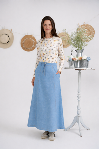 Faves Light Blue Denim Maxi Belt 38" Skirt with Pockets at Dress Code itsdresscode.com