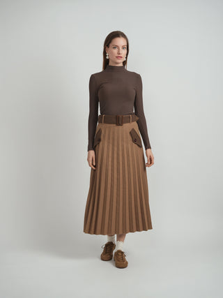 B Chic Camel/Brown Wool Pleated 35" Skirt  With Contrast Fake Pocket And Belt at Dress Code itsdresscode.com
