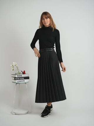 Moss Charcoal Wool Pleated Double Black Leather Belts 38" Skirt at Dress Code itsdresscode.com