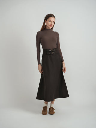 NYC Factory Brown Wool 35" Skirt With Double Belt Design at Dress Code itsdresscode.com