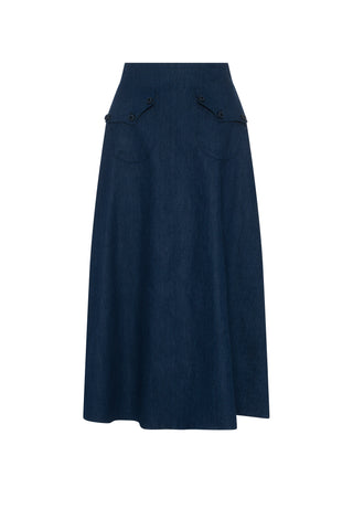 NOX-NY Blue Dark Denim Front Pockets Back Elastic 35" Skirt with Side Zipper at Dress Code itsdresscode.com