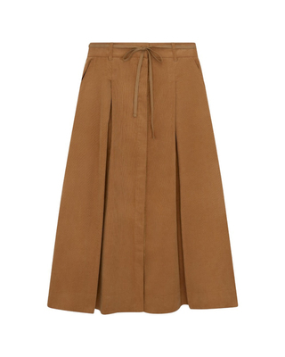 FW26S09 Camel Front Buttons Belted Corduroy 34" Skirt with Pockets