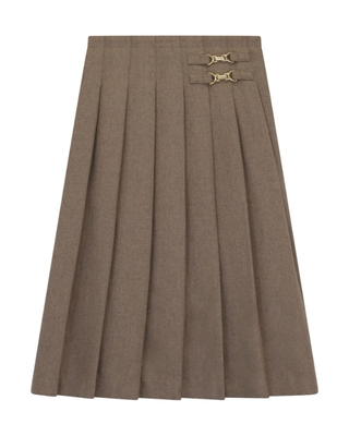 13-506-R Natural Beige Wool Pleated 29" Skirt with Gold Tone Buckles