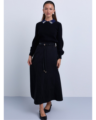 NR506A Black Wool Look Panel A-Line 36"-38" Skirt with Cord Belt