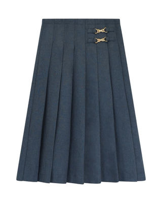 13-506-R Steel Blue Wool Pleated 29" Skirt with Gold Tone Buckles