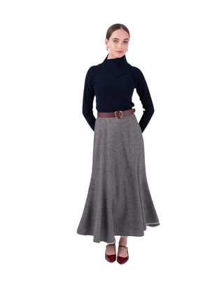 MNA7049 Navy Tweed Panel Estelle 36" Skirt with Fringe Bottom