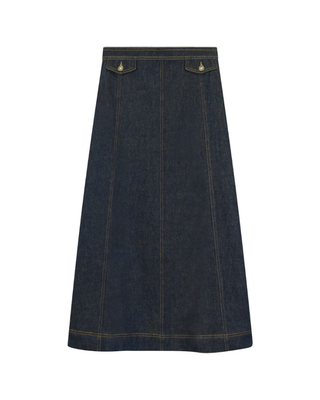 M1345 Blue Denim Yellow Stitch 37" Skirt with Pocket Flaps