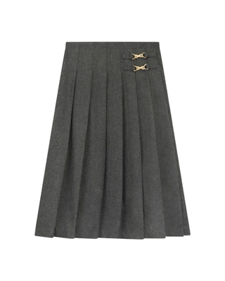13-506-R Charcoal Wool Pleated 29" Skirt with Gold Tone Buckles