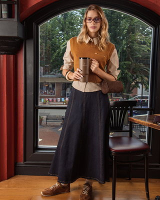 NUA7106 Navy Denim Panel Aurelle 36" Skirt with Belt
