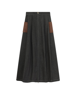 N109 Black Denim Front Zipper 36" Skirt with Brown Leather Pockets