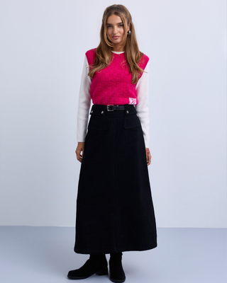 NR536 Black Denim Belted 35" Skirt with Feature Pockets