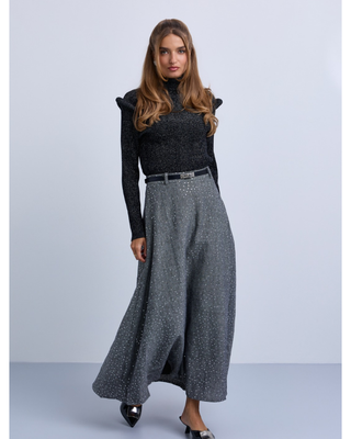 NR538 Black Herringbone Sequin Tweed 36" Skirt with Hardware Clasp Belt