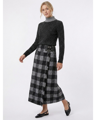 WB6CPT7469S Black/Gray Wool Plaid Fake Wrap 34" Skirt with Side Belts Besign