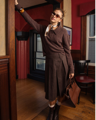 MNA7135 Chocolate Brown Denim Pleated Evian 27" Skirt