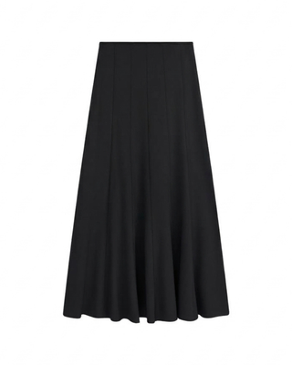 S7749 Black Panelled Flaired Zipper 34" Skirt with Elastic Waist