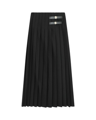 DW6M9235 Black Wool Pleated 38" Skirt with Side Belts Design