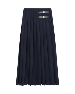DW6M9235 Navy Wool Pleated 38" Skirt with Side Belts Design