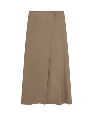 5347 Taupe Wool Look Fake Wrap Button 37" Skirt