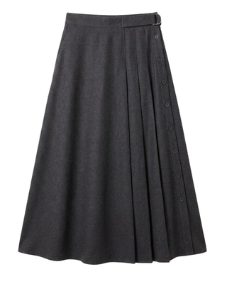 WB4CM1091SM Charcoal Wool Side Pleated Wrap 35" Skirt with Buckle