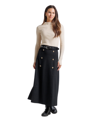 LU56 Black Wool Trench Front Buttons 36" Skirt with Belt