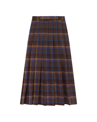 M1200 Brown Plaid Pleated 36" Skirt with Tab Detail
