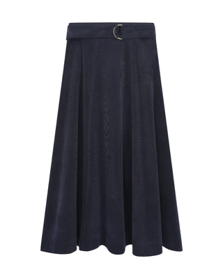 FW26S12 Navy Corduroy Panel Flare 35" Skirt with Belt