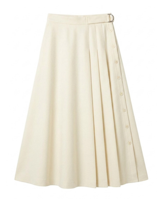 WB4CM1091SM Ecru Wool Side Pleated Wrap 35" Skirt with Buckle