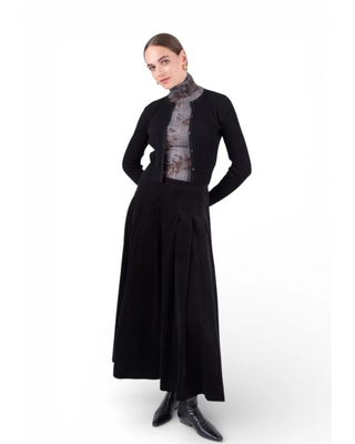 NUA7103 Black Corduroy Pleated Ashen 36" Skirt with Side Zipper