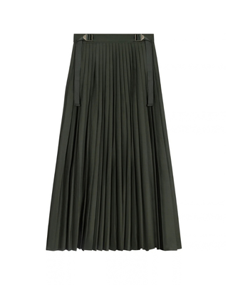 202609 Green Micro Pleated 35"-38" Skirt with Buckle Detail