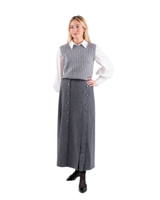 MNA7016 Gray Stripe Wool Blaise 36" Skirt with Front Buttons