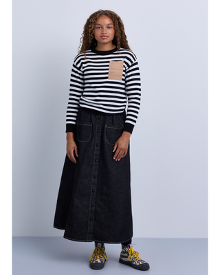 NRT569B Black Denim Gathered Buttons Down 36"-38" Skirt with Pockets