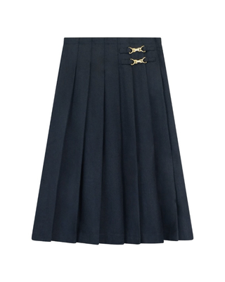 13-506-R Navy Wool Pleated 29" Skirt with Gold Tone Buckles