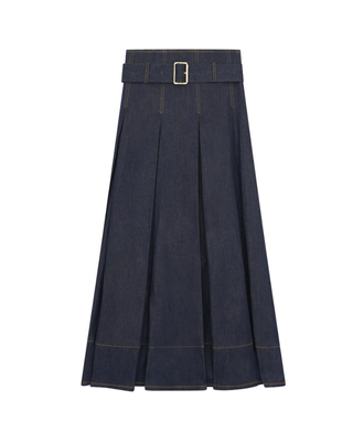 M1433 Blue Denim Yellow Stitching Pleated 36" Skirt with Belt