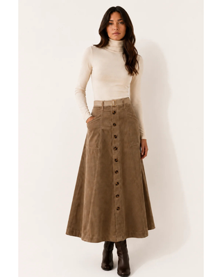 LU58 Camel Corduroy Front Buttons 36" Skirt with Pockets