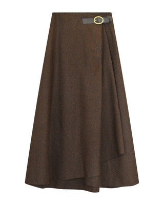 E26K06115031 Brown Wool Wrap Quincy 35" Skirt with Side Buckle