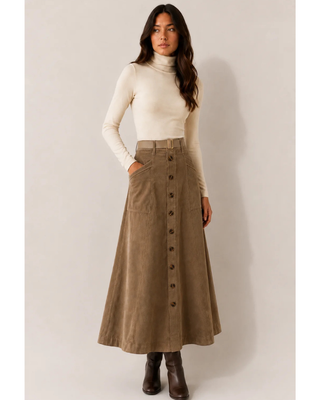 LU58 Camel Corduroy Front Buttons 36" Skirt with Pockets
