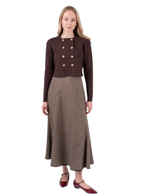 MNA7049 Brown Tweed Panel Estelle 36" Skirt with Fringe Bottom