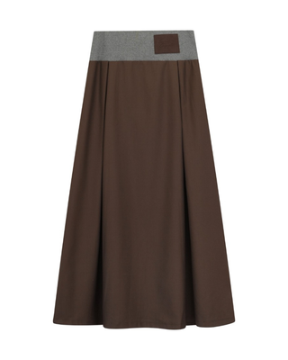 Y0465 Brown Front Zipper Pleats 38" Skirt with Back Grey Ribbed Waistband