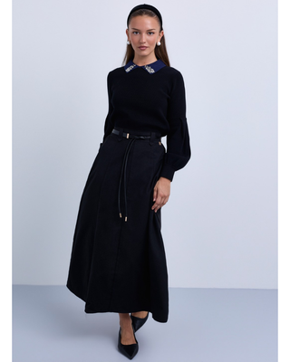 NR506A Black Wool Look Panel A-Line 36"-38" Skirt with Cord Belt