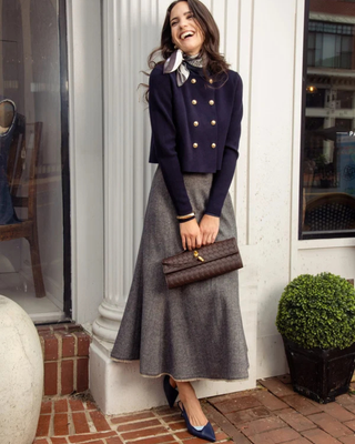 MNA7049 Navy Tweed Panel Estelle 36" Skirt with Fringe Bottom