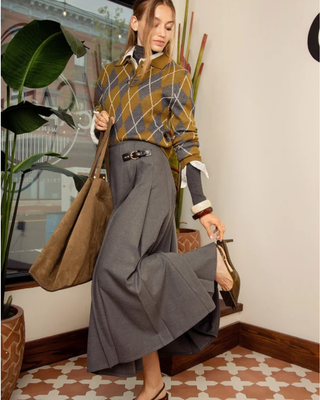 MNA7108 Gunmetal Gray Pleated Lucie 36" Skirt with Side Buckle