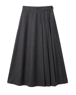WB4CM1091SM Charcoal Wool Side Pleated Wrap 35" Skirt with Buckle