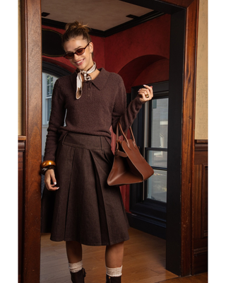 MNA7135 Chocolate Brown Denim Pleated Evian 27" Skirt