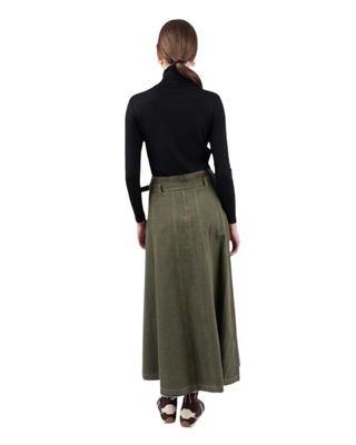 NUA7106 Olive Green Denim Panel Aurelle 36" Skirt with Belt