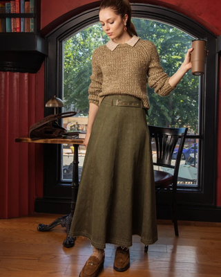 NUA7106 Olive Green Denim Panel Aurelle 36" Skirt with Belt
