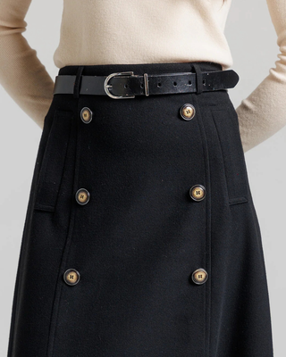 LU56 Black Wool Trench Front Buttons 36" Skirt with Belt