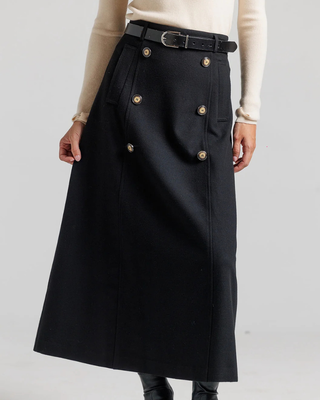 LU56 Black Wool Trench Front Buttons 36" Skirt with Belt