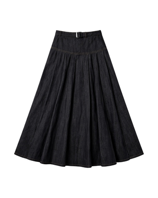 MNA7200 Black Denim Drop Waist Pleated Renata 36" Skirt with Belt